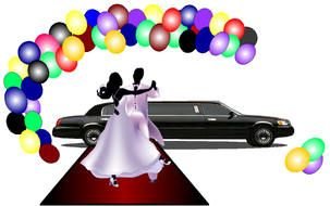 silhouette of dancing newlyweds on a limousine background