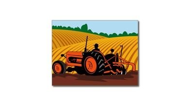Farmer Driving Tractor on field, drawing