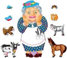 old woman among animals as a graphic image