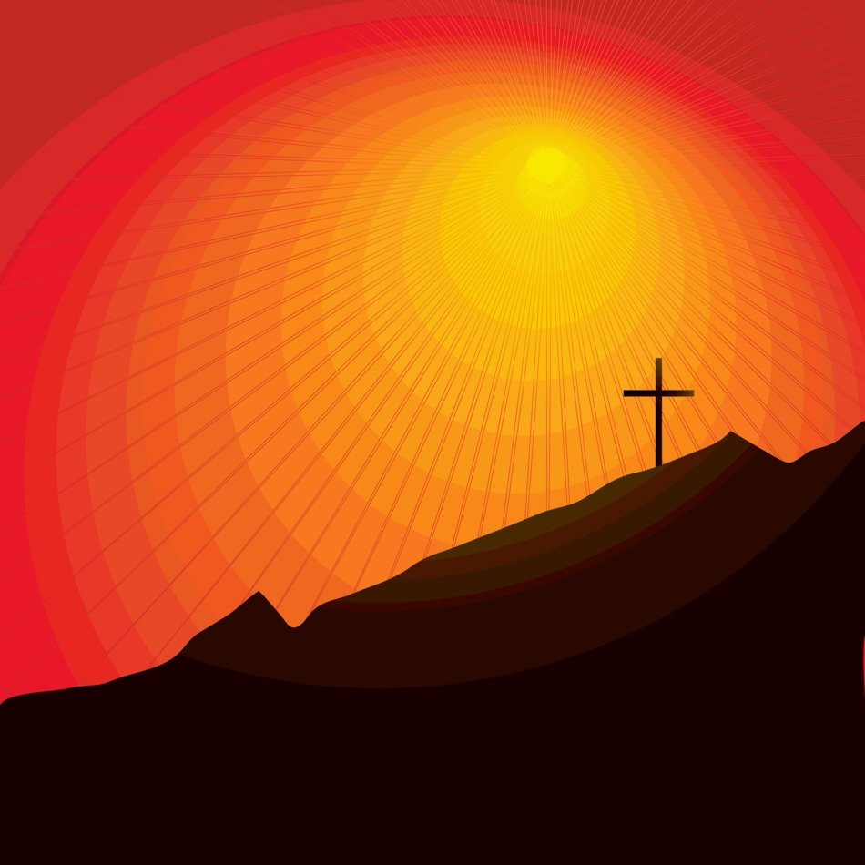 Cross On black Hillside at red sunset sky