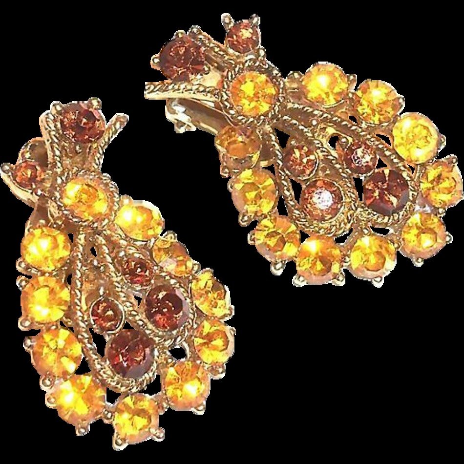 Lovely Topaz amp Amber Glass Rhinestone Leaf Design Earrings