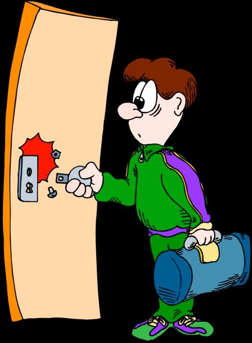 Cartoon man at broken entrance Door