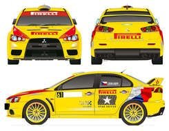 front, rear and side view of Rally Car