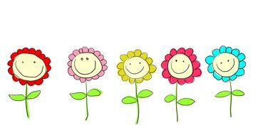 five flowers with funny faces as a child's drawing