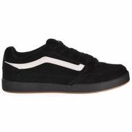black suede sneakers with a white stripe