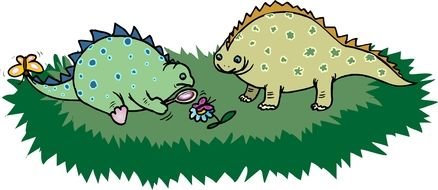 two Cartoon Dinosaurs looking at butterfly, Friends