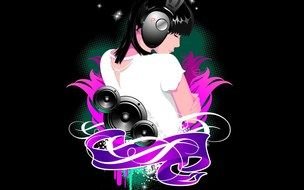 painted girl with black headphones and speakers on a colorful background