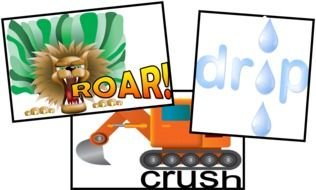 Onomatopoeia examples on a white background