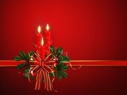 candles with christmas ribbon on red background