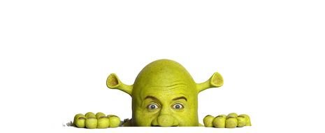 a man in a mask Shrek head
