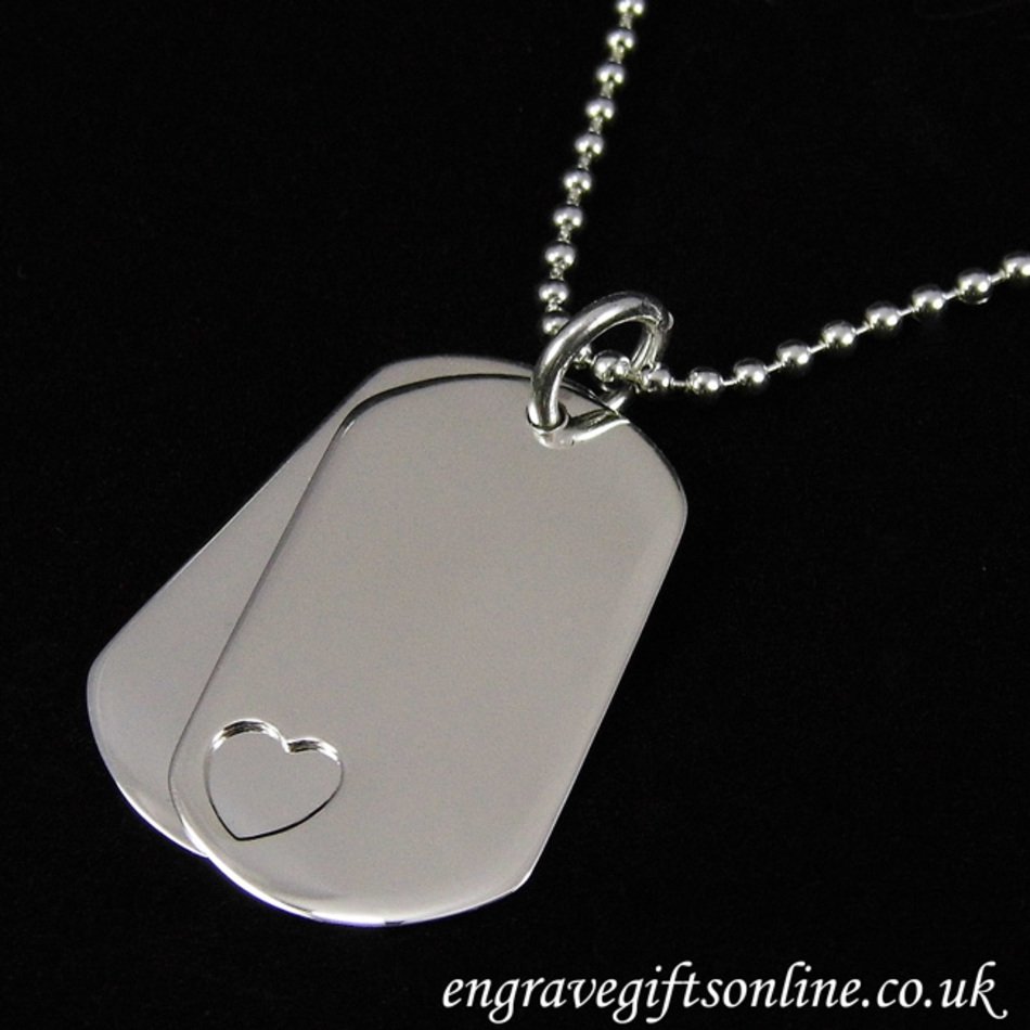 Silver Dog Tag Heart Cutout Double With Bead Chain Personalised