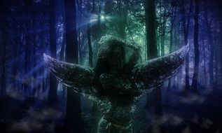 winged woman in dark forest, digital art