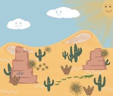 drawing of a desert with green cacti