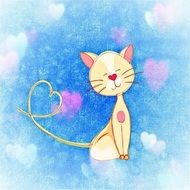drawn cat on a blue background with hearts