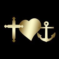 cross, heart and anchor on a black background as an illustration