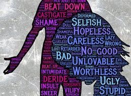 criticism, word clouds inside human silhouettes