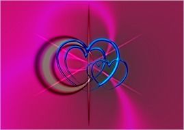 Symbol of mutual love in the form of swirling blue hearts on a pink background