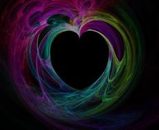 abstract drawing of coloured lines and black heart at centre