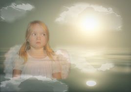 photo of a child girl with wings against the sky