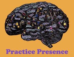 Image of the brain with symbols and words over "practice presence"
