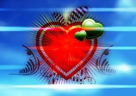 drawn red heart and two green hearts