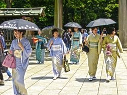 smiling japanese women in kimono at shrine, japan, tokyo