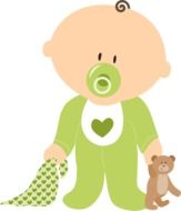 drawing of baby boy with teddy bear and dummy