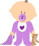 drawing of cute baby in violet clothes with teddy