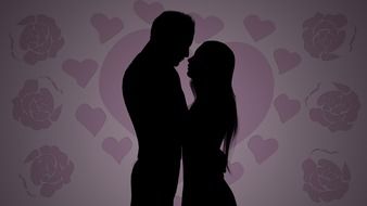 silhouette of a loving couple on a background of a wall with hearts