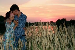 romantic couple on the field at sunset