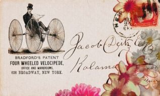 vintage postcard with gentleman riding velocipede, collage