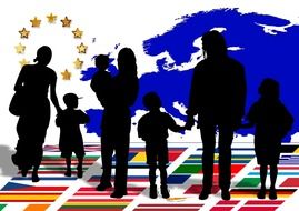Black silhouettes of family standing on the flags of different countries