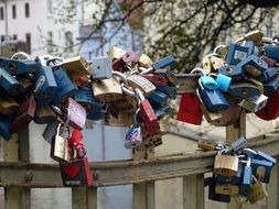 love locks on bridge in city, czech, prague