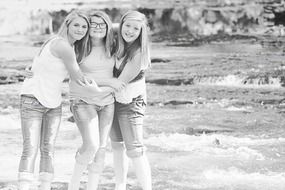 three girlfriends black and white photo
