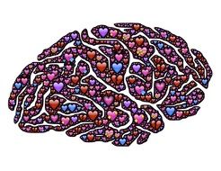 human brain with hearts on a white background