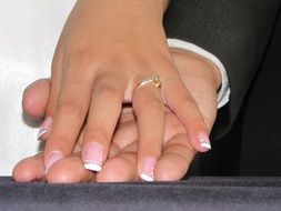 the hands of the newlyweds as a symbol of love