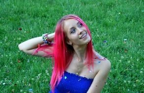 girl with pink hair in a blue dress