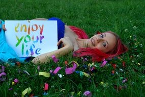 happy girl with pink hair