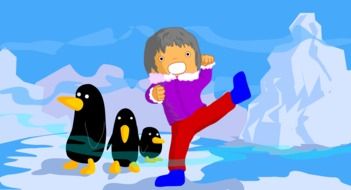 drawing of a baby in the arctic with penguins