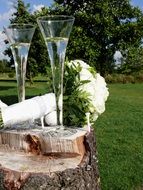 wedding flowers bouquet and glasses outdoor