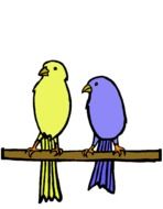 painted yellow and purple birds on a branch