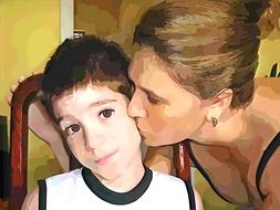 caucasian mother kissing son, loving family