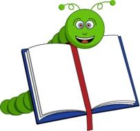 smiling caterpillar behind open book, illustration