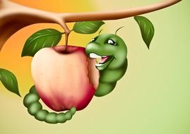 happy caterpillar on red apple, illustration