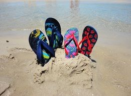 a pair of beach Slippers on the sand