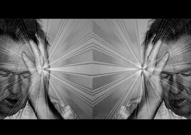 mature man with hand at head, stress, collage