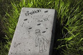 drawing and writing on a gray stone on green grass