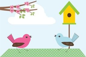 pink and blue birds drawing