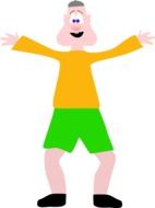 drawn cheerful man in a yellow sweater and green shorts