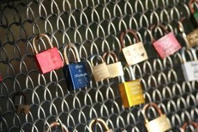 variety of love locks on the bridge